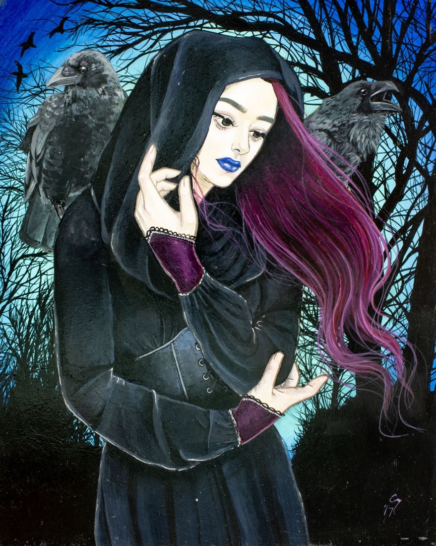 Candace McKay (CA,20/21C) acrylic painting: ARTIST: Candace McKay (California, 20/21 centuries) TITLE: Morrigan (titled on verso) YEAR: 2017 MEDIUM: acrylic on board CONDITION: Few very minor paint