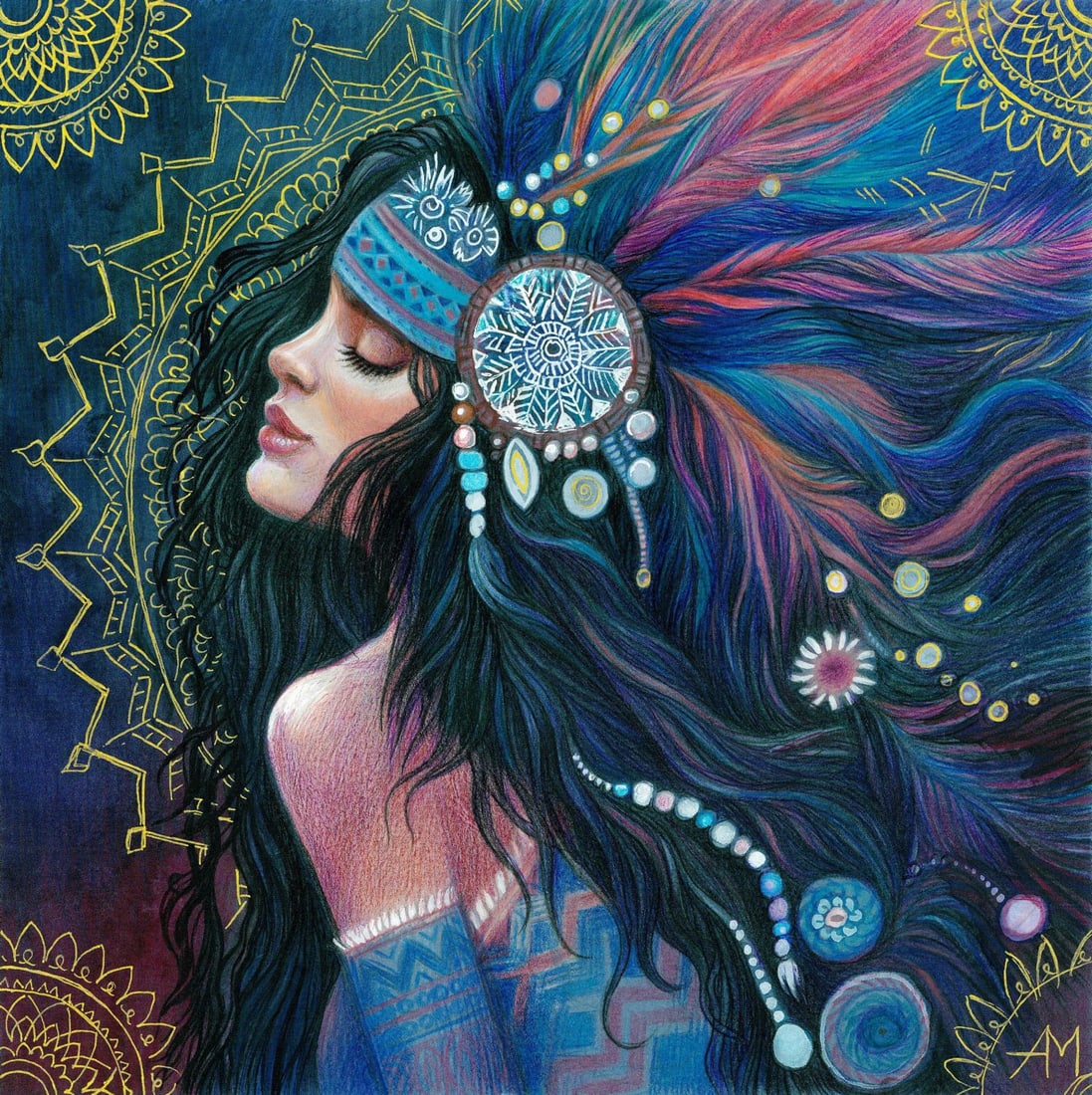 Anastasia Molodchikova (Ukraine,20/21C) mixed media painting: ARTIST: Anastasia Molodchikova (Ukraine, 20/21 centuries) TITLE: Woman with Feather Headdress MEDIUM: mixed media on heavy paper CONDITION: Very good. ART SIZE:</