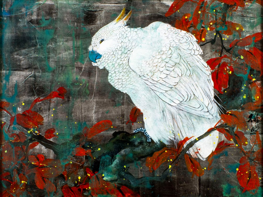 Dominic Toming Cheng (China,FL,20C) acrylic painting: ARTIST: Dominic Toming Cheng (Chinese, Florida, 20 century) TITLE: Cockatoo Parrot MEDIUM: acrylic on foil CONDITION: Very good. No visible inpaint under UV light.