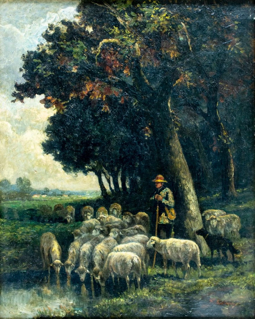 R Calame (Europe,19C) oil painting antique: ARTIST: R Calame (European, 19 century) TITLE: Shepherd with Flock of Sheep MEDIUM: oil on canvas CONDITION: One small patch. Some scratches/paint losses. Some craquelure. S