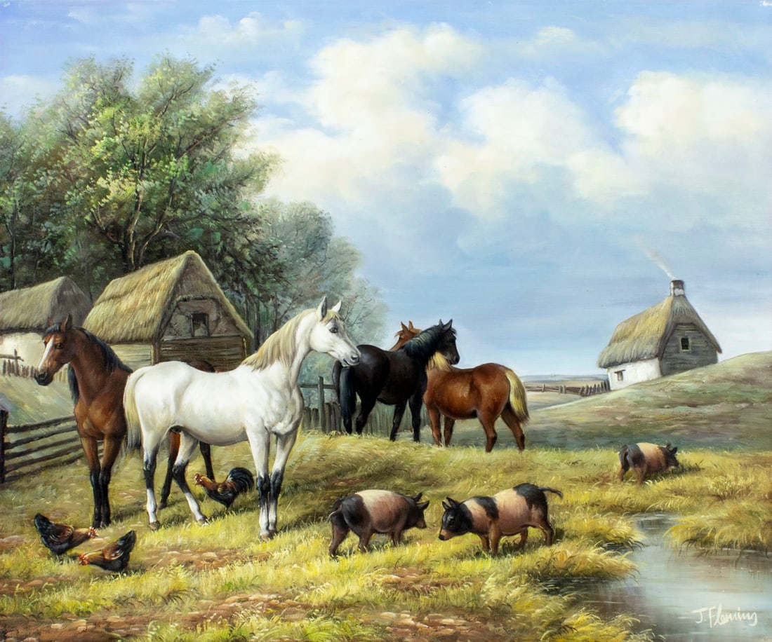 J Fleming (US,20C) oil painting: ARTIST: J Fleming (American, 20 century) TITLE: Farm Scene MEDIUM: oil on canvas CONDITION: Few minor scratches/paint losses. No visible inpaint under UV light. Normal wear