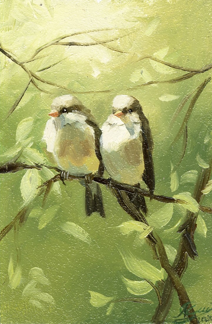 Anna Kozachuk (Ukraine,b 2002) oil painting: ARTIST: Anna Vladimirovna Kozachuk (Ukraine, born 2002) TITLE: Two Birds on Branch MEDIUM: oil on board CONDITION: Very good. No visible inpaint under UV light. A