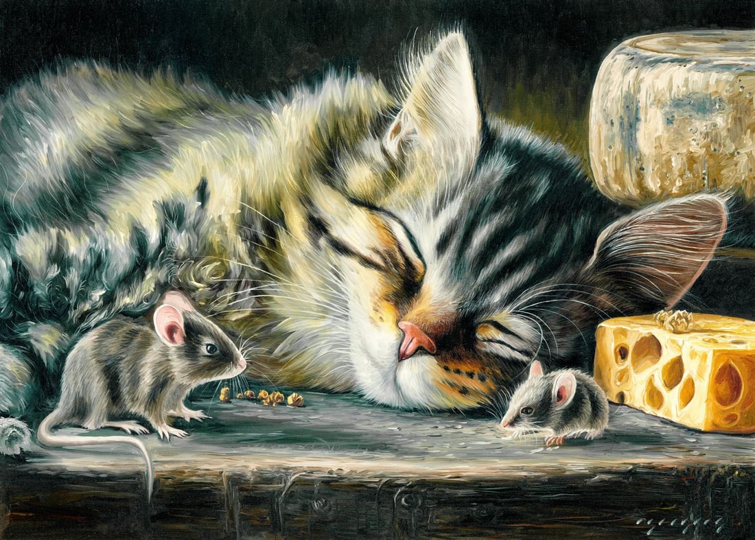 Igor Grey (Ukraine,b 1975) oil painting: ARTIST: Igor Grey (Ukraine, born 1975) TITLE: Cat and Mice -The Sleeping Hunter MEDIUM: oil on canvas CONDITION: Unstretched (In-House stretching available). Very good. No v