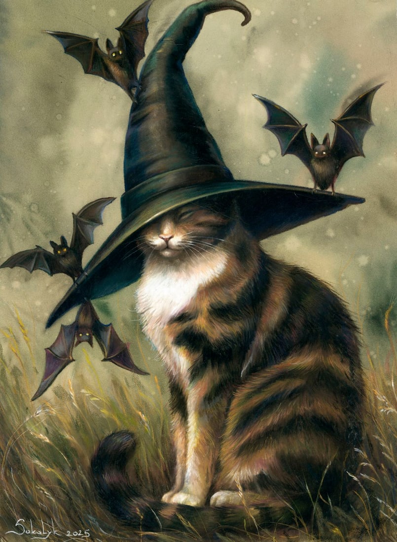 Vira Sokolyk (Ukraine,b 1999) pastel painting: ARTIST: Vira Sokolyk (Ukrainian, born 1999) TITLE: Wizard Cat MEDIUM: pastel on heavy paper CONDITION: Very good. ART SIZE: 16 x 12 inches / 40 x 30 cm