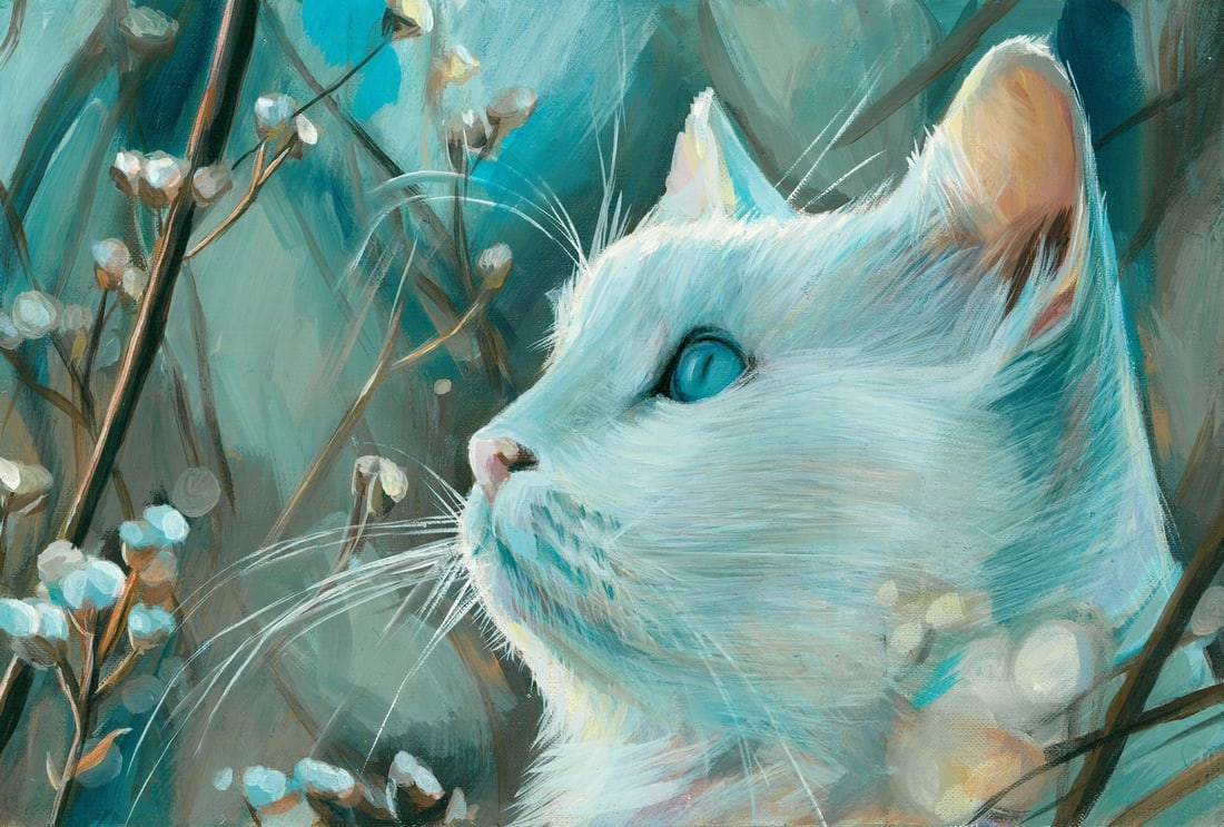 Victoria Gavrilyuk (Ukraine,20/21C) oil painting: ARTIST: Victoria Gavrilyuk (Ukrainian, 20/21 centuries) TITLE: White Cat MEDIUM: oil on heavy paper CONDITION: Very good. No visible inpaint under UV light. ART S