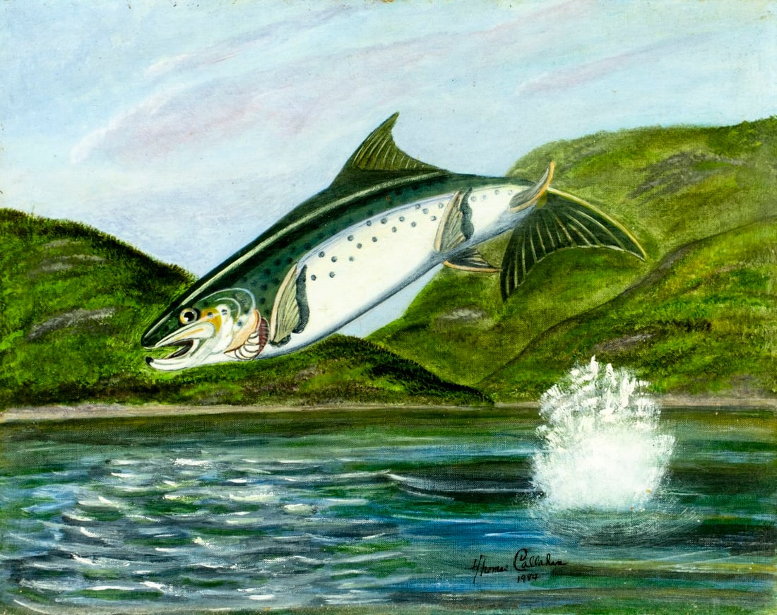 Thomas Callahan (US,20C) oil painting: ARTIST: Thomas Callahan (American, 20 century) TITLE: Leaping Fish YEAR: 1984 MEDIUM: oil on canvas board CONDITION: Few minor damages to edges. Few mino