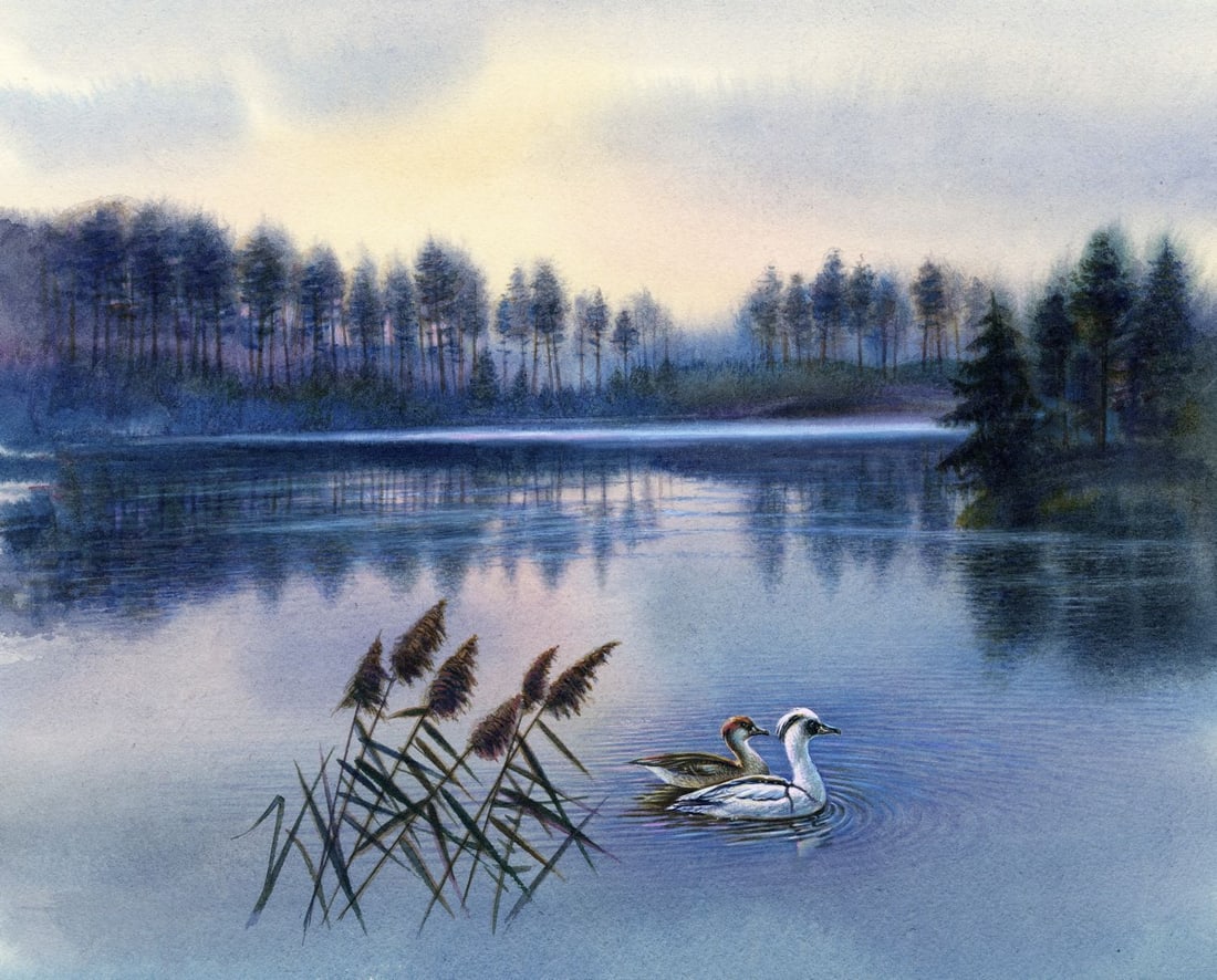 Ivan Kozlov (Russia,1937-?) watercolor painting: ARTIST: Ivan Kozlov (Russian, 1937 - ???) TITLE: Lake Landscape with Ducks YEAR: 1992 MEDIUM: watercolor on paper CONDITION: Some age toning.