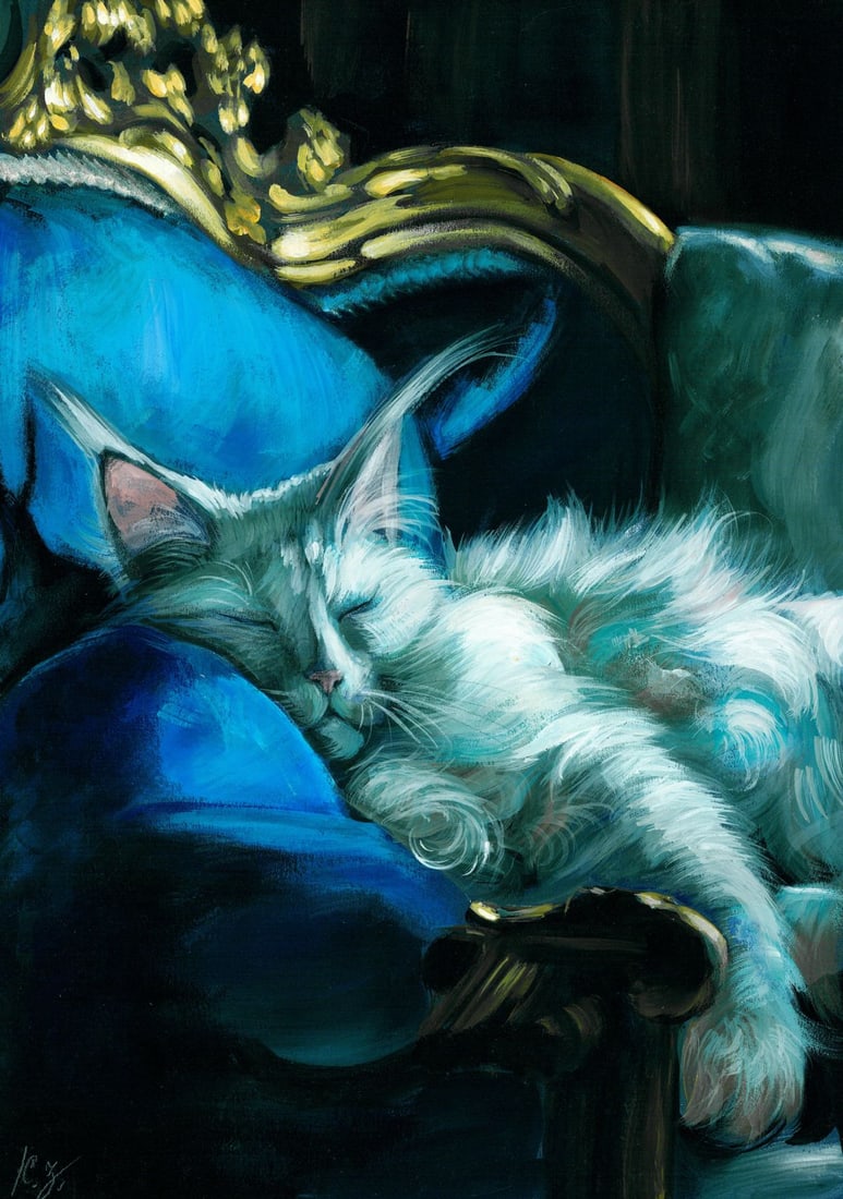 Katerina Zavgorodnya (Ukraine,20/21C) acrylic painting: ARTIST: Katerina Zavgorodnya (Ukraine, 20/21 centuries) TITLE: Sleeping White Cat on Chair MEDIUM: acrylic on heavy paper CONDITION: Very good. ART SIZE: