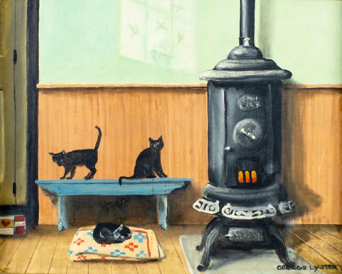 George Lyster (US,20C) oil painting: ARTIST: George Lyster (American, 20 century) TITLE: Interior Scene with Three Balck Cats MEDIUM: oil on canvas CONDITION: Few small scratches. No visible inpaint under UV li