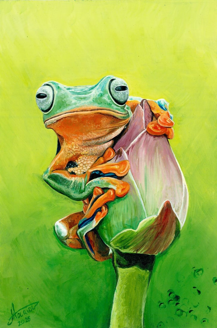 Maria Drachuk (Ukraine,20/21C) oil painting: ARTIST: Maria Drachuk (Ukraine, 20/21 centuries) TITLE: Frog on Flower MEDIUM: oil on heavy paper CONDITION: Very good. No visible inpaint under UV light. ART SIZ