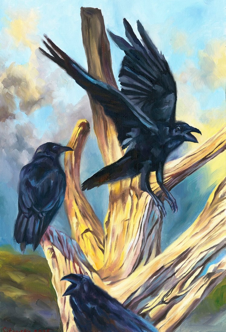 Anna Sitovska (Ukraine,20/21C) oil painting: ARTIST: Anna Sitovska (Ukrainian, 20/21 centuries) TITLE: Raven Birds MEDIUM: oil on heavy paper CONDITION: Very good. No visible inpaint under UV light. ART SIZE