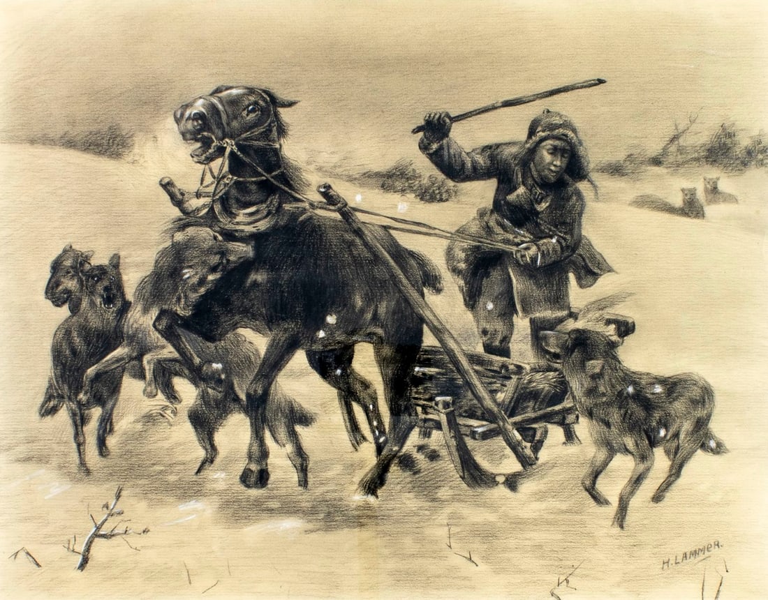 H Lammer (Europe,early 20C) chalk painting antique: ARTIST: H Lammer (European, early 20 century) AFTER Alfred von Wierusz - Kowalski TITLE: Horse Drawn Sleigh Attacked by Wolves MEDIUM: chalk on paper CONDITION: Some age ton