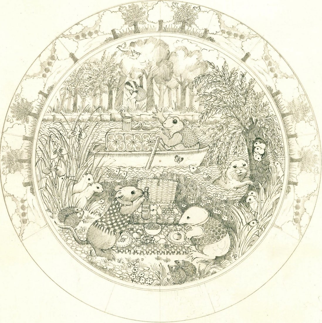 Carol Lawson (UK,20/21C) graphite painting: ARTIST: Carol Lawson (United Kingdom, 20/21 centuries) TITLE: Wind in the Willows (titled on verso) YEAR: 1979 MEDIUM: graphite on paper CONDITION: Overa