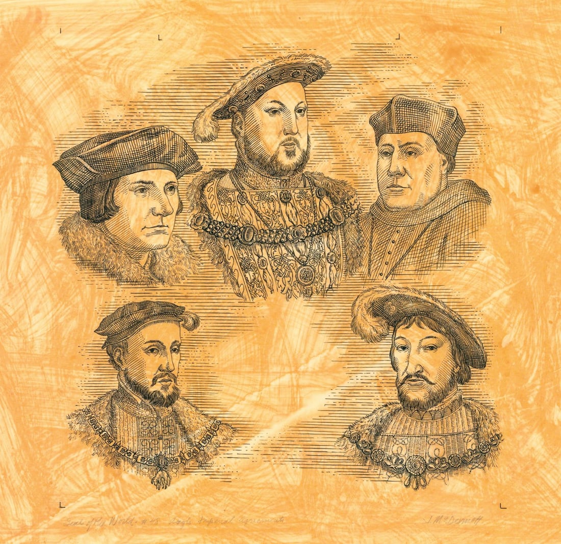 ATTR Jim McDermott (MA,CA,1960-2015) ink painting: ARTIST: ATTRIBUTED TO James P McDermott (Massachusetts, California, 1960 - 2015) TITLE: Historic Seals - Anglo-Imperial Agreements YEAR: 1989 MEDIUM: ink on paper. Paper a