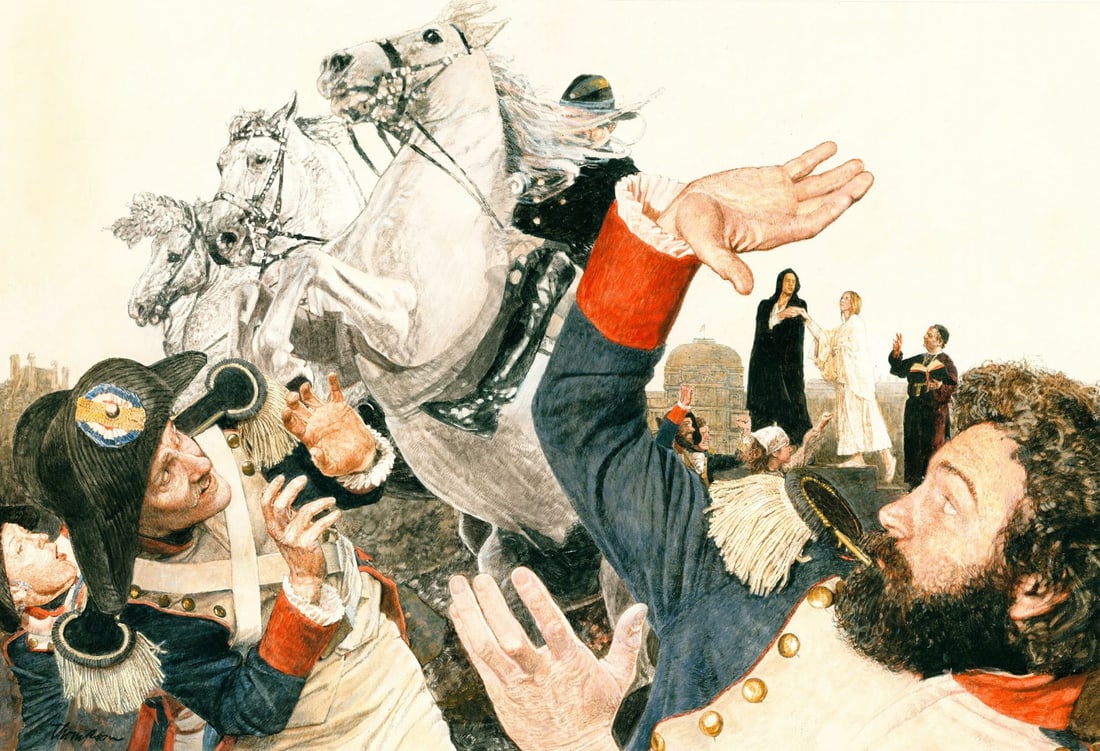 John M Thompson (NY,1940-?) mixed media painting: ARTIST: John M Thompson (New York, 1940 - ???) TITLE: Illustration - Battle Scene YEAR: 1980s MEDIUM: mixed media on board CONDITION: Some small damages