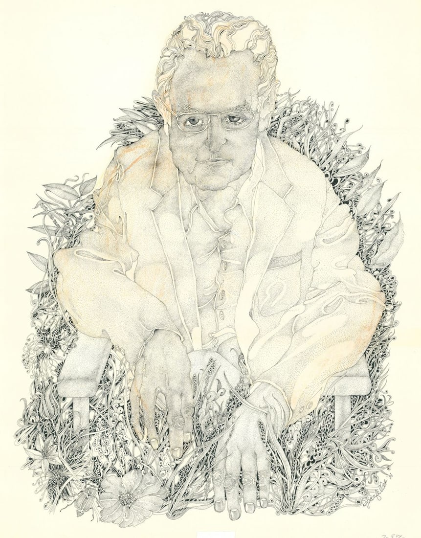 Jim Spanfeller (PA,1930-2014) ink painting: ARTIST: James J Spanfeller (Pennsylvania, 1930 - 2014) TITLE: Illustration - Thirteen O'Clock YEAR: 1981 MEDIUM: ink on paper. Paper applied to board. CONDITION:<