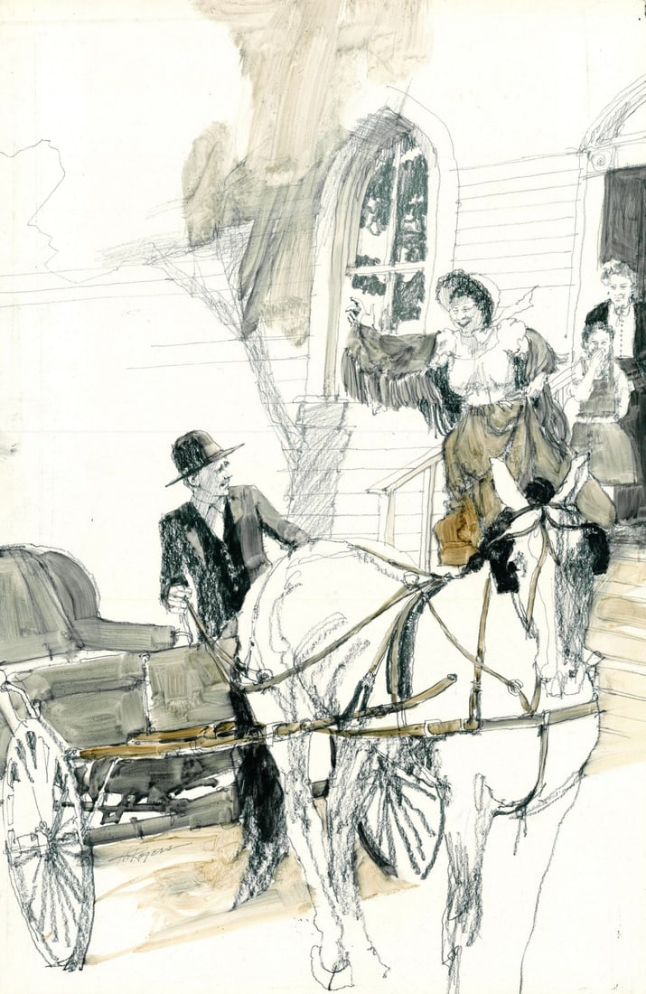 Howard Rogers (AZ,CA,1932-2022) watercolor painting: ARTIST: Howard Rogers (Arizona, California, 1932 - 2022) TITLE: Illustration - So Big 3 YEAR: 1977 MEDIUM: watercolor on board CONDITION: Overall good.