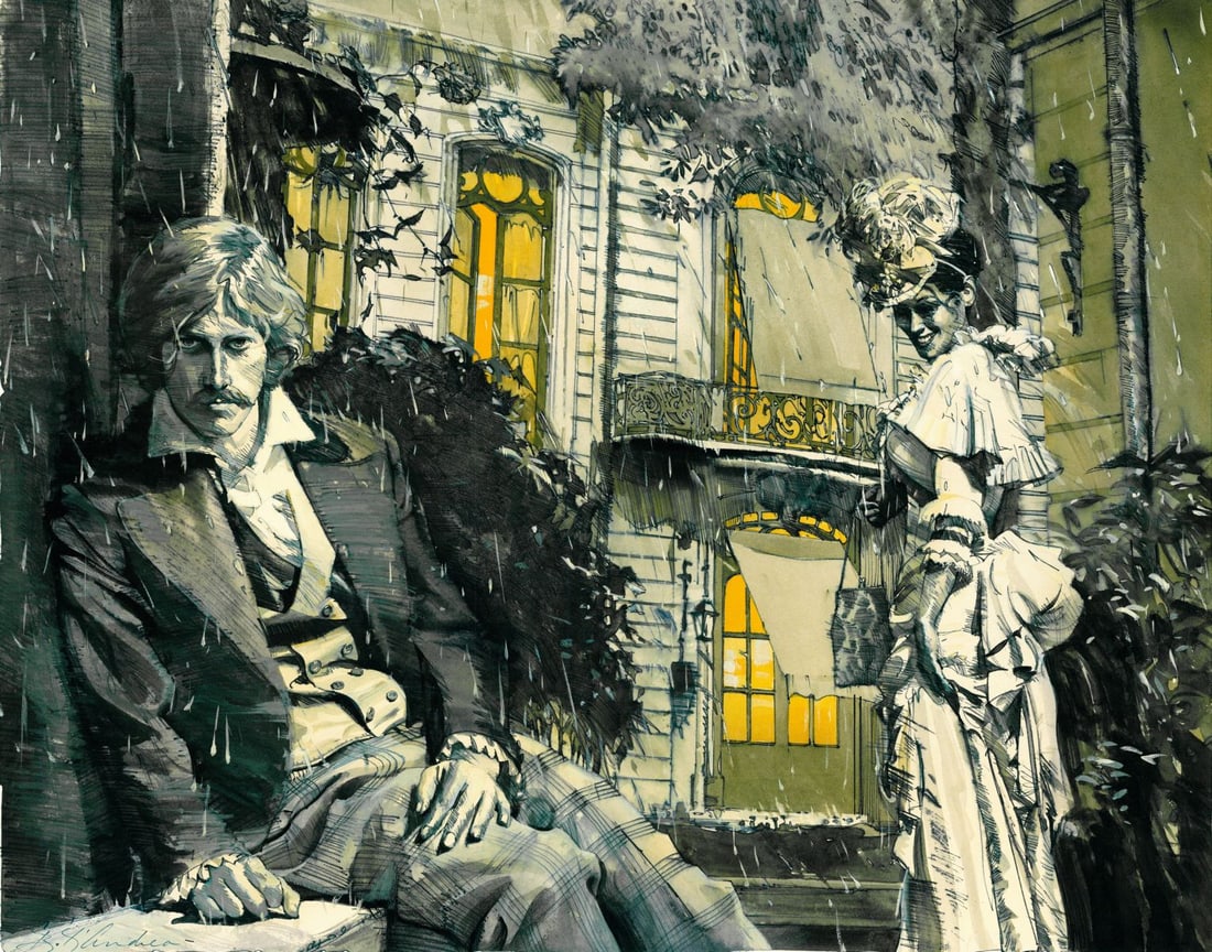 Bernard D'Andrea (NY,SC,1923-2016) watercolor painting: ARTIST: Bernard L D'Andrea (New York, South Carolina, 1923 - 2016) TITLE: Illustration - Seven Gothic Tales YEAR: 1978 MEDIUM: watercolor on board CONDITION: