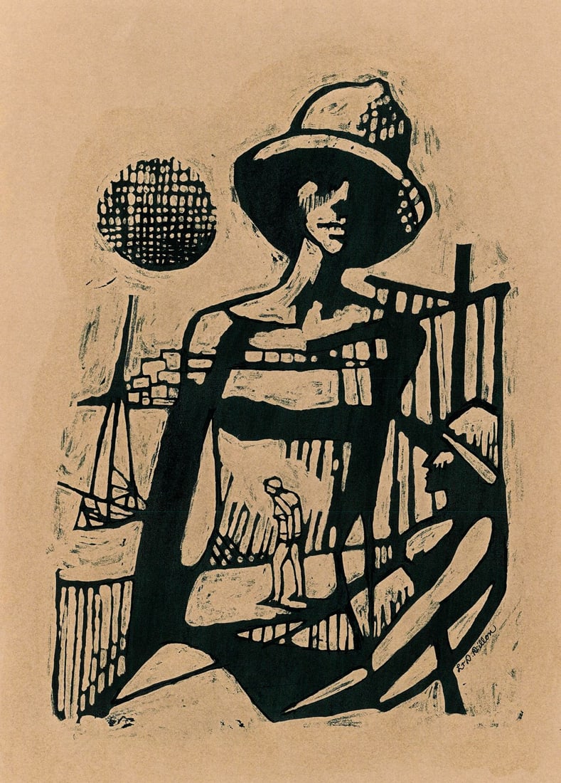 Leo Dillon (NY,1933-2012) woodblock print: ARTIST: Leo Dillon (New York, 1933 - 2012) TITLE: Illustration - Myth on the Mediterranean YEAR: 1976 MEDIUM: woodblock print on paper. Paper applied to board. CO