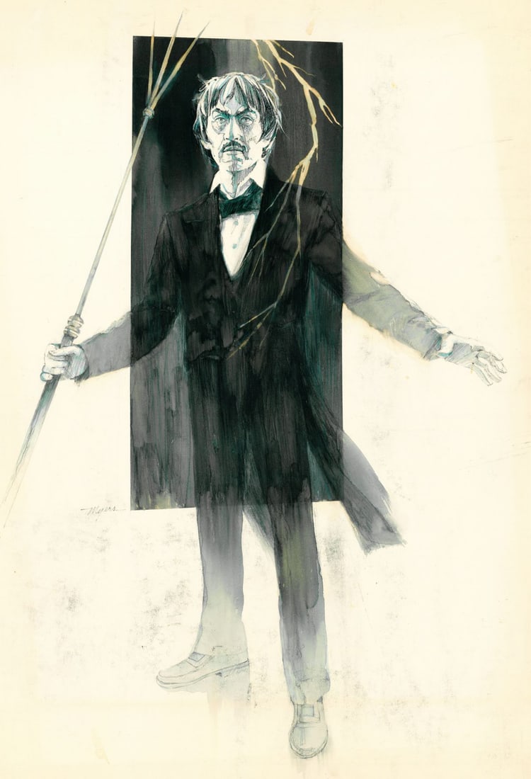 J William Myers (TN,20/21C) watercolor painting: ARTIST: J William Myers (Tennessee, 20/21 centuries) TITLE: Herman Melville Illustration YEAR: 1978 MEDIUM: watercolor on board CONDITION: Some damages t