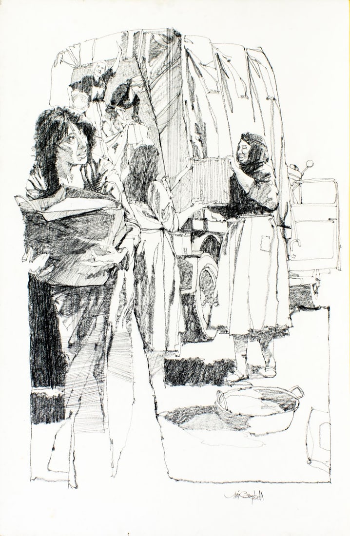 James Richard Campbell (CT,AL,1942-2022) graphite painting: ARTIST: James Richard Campbell (Connecticut, Alabama, 1942 - 2022) TITLE: Illustration - History A Novel YEAR: 1977 MEDIUM: graphite on board CONDITION: