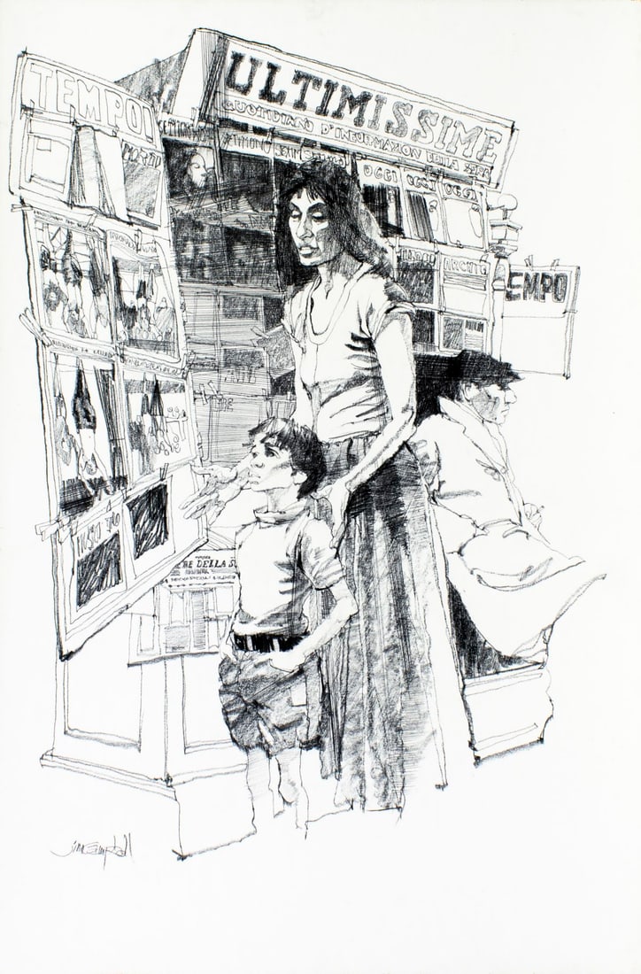 James Richard Campbell (CT,AL,1942-2022) graphite painting: ARTIST: James Richard Campbell (Connecticut, Alabama, 1942 - 2022) TITLE: Illustration - History A Novel YEAR: 1977 MEDIUM: graphite on board CONDITION: