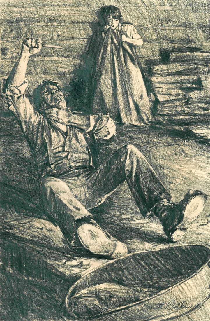Barnett Plotkin (US,1932-2003) graphite painting: ARTIST: Barnett Plotkin (American, 1932 - 2003) TITLE: Illustration - The Adventures of Huckleberry Finn YEAR: 1980s MEDIUM: graphite on paper. Paper applied to board.