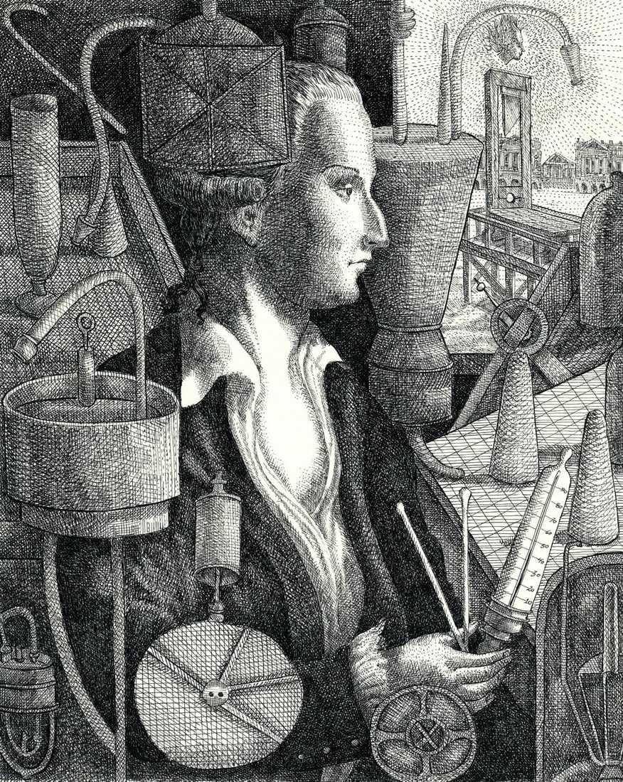 Burt Stanly Hasen (NY,1921-2007) ink painting: ARTIST: Burt Stanly Hasen (New York, 1921 - 2007) TITLE: Illustration - Lavoisier, Fournier, Faraday YEAR: 1980s MEDIUM: ink on paper. Paper applied to board. CON