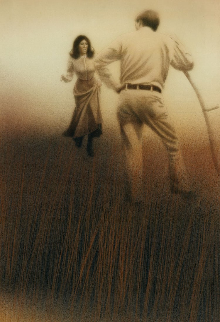 Dennis Luzak (IL,1939-?) oil painting: ARTIST: Dennis Luzak (Illinois, 1939 - ???) TITLE: Illustration YEAR: 1980s MEDIUM: oil on board CONDITION: Few minor scratches/paint losses. No visibl