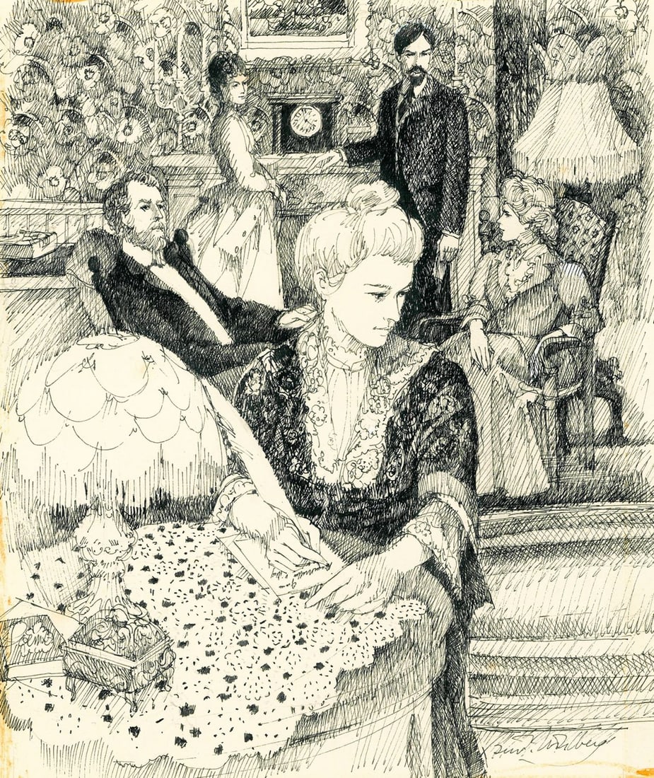 Ben Wohlberg (VA,NY,1927-2024) ink painting: ARTIST: Ben Wohlberg (Virginia, New York, 1927 - 2024) TITLE: Henry James Illustration YEAR: 1977 MEDIUM: ink on board CONDITION: Minor d