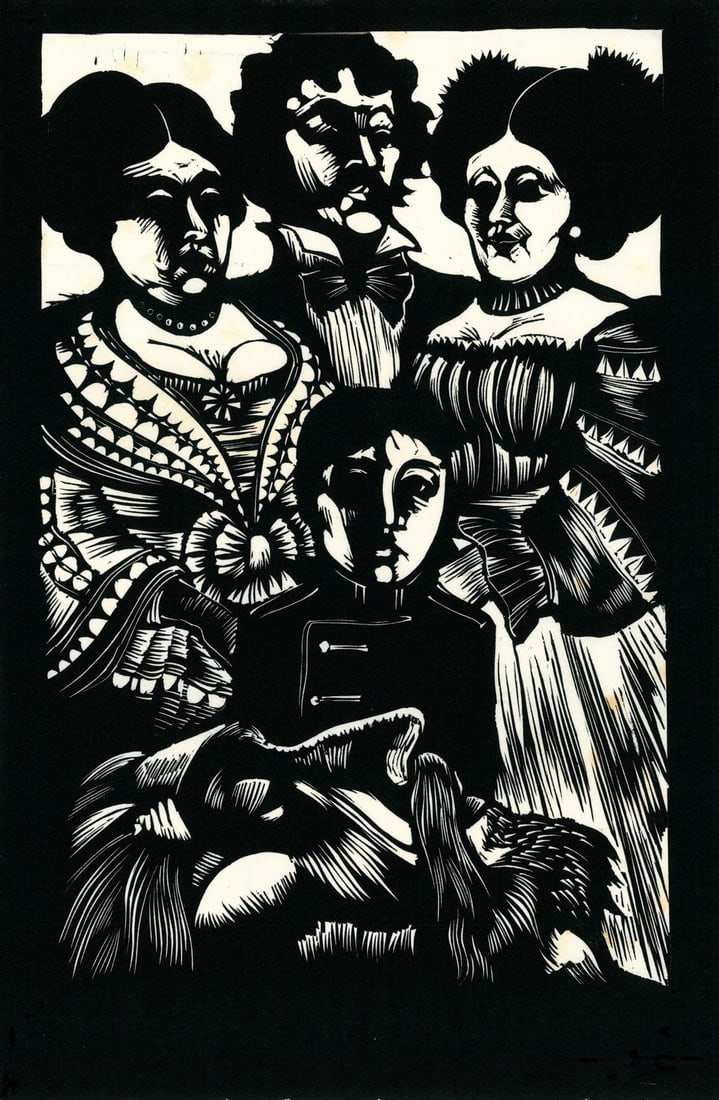Don Bolognese (NY,VT,b 1934) woodcut print: ARTIST: Don Bolognese (NY, VT, born 1934) & Elaine Raphael (NY, VT, 1933 - 2013) TITLE: Illustration - Kreutzer Sonata YEAR: 1983 MEDIUM: woodcut print on paper. Paper appli