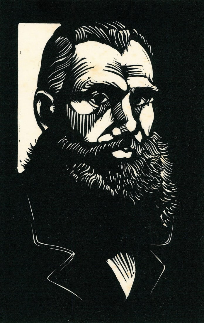 Don Bolognese (NY,VT,b 1934) woodcut print: ARTIST: Don Bolognese (NY, VT, born 1934) & Elaine Raphael (NY, VT, 1933 - 2013) TITLE: Illustration - Kreutzer Sonata YEAR: 1982 MEDIUM: woodcut print on paper. Paper appli