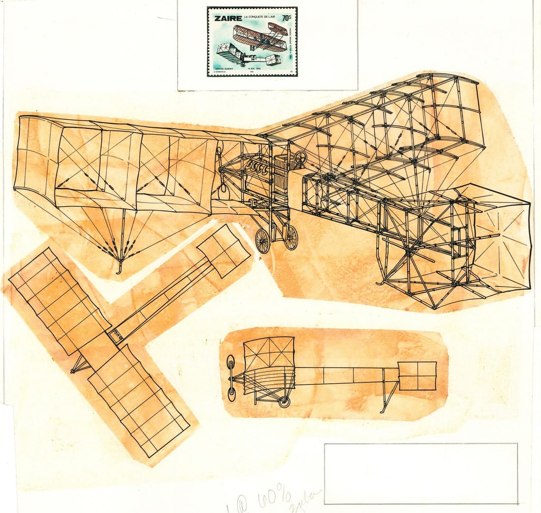John Batchelor (UK,1936-2019) ink painting: ARTIST: John Henry Batchelor (United Kingdom, 1936 - 2019) TITLE: Plane - Santos-Dumont (titled on verso) YEAR: 1987 MEDIUM: ink on paper. Paper applied to board.
