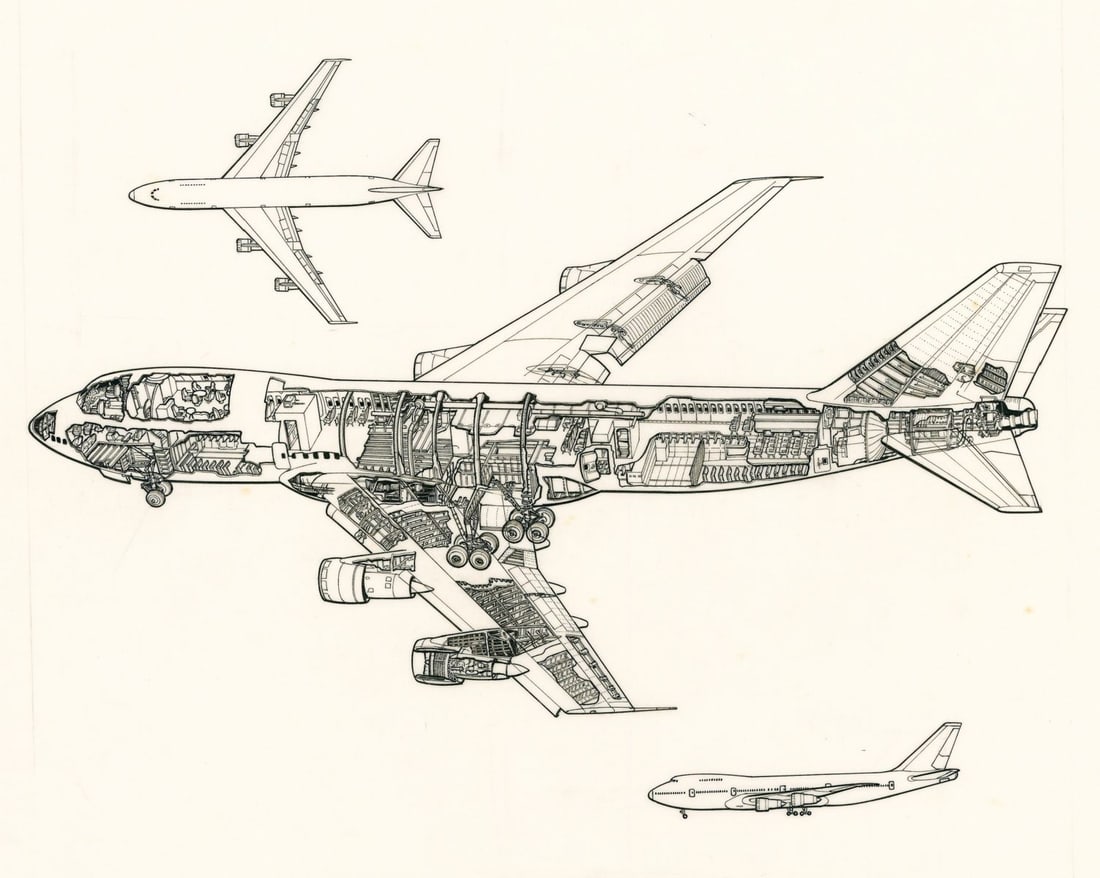 John Batchelor (UK,1936-2019) ink painting: ARTIST: John Henry Batchelor (United Kingdom, 1936 - 2019) TITLE: Plane - Boeing 747 (titled on verso) YEAR: 1985 MEDIUM: ink on paper. Paper applied to board.
