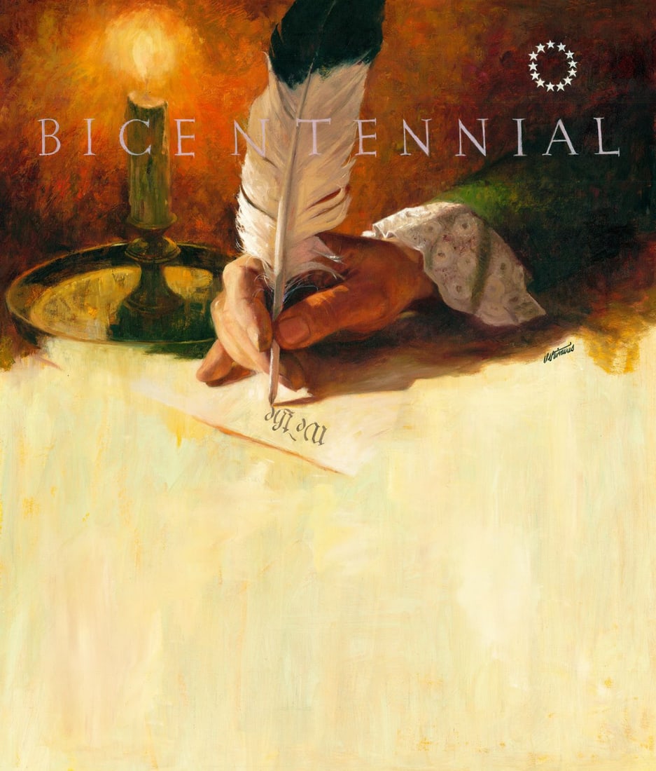 Shannon Stirnweis (AZ,NY,NH,OR,1931-2019) oil painting: ARTIST: Shannon Stirnweis (Arizona, New York, New Hampshire, Oregon, 1931 - 2019) TITLE: Bicentennial of the US Constitution - Panel 2 (titled on verso) YEAR: 1987 MEDIUM: o