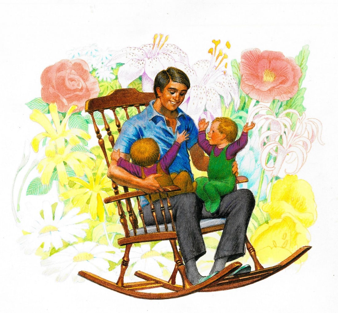 Alex Bloch (US,20C) watercolor painting: ARTIST: Alex Bloch (American, 20 century) TITLE: Father with Children MEDIUM: watercolor on heavy paper CONDITION: Minor foxing (just few spots). Some age toning.