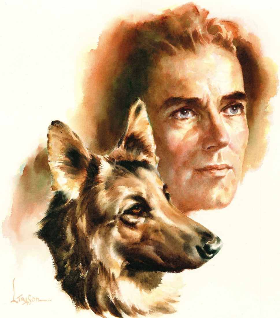 Lyle Tayson Sr (WY,1924-2014) watercolor painting: ARTIST: Lyle Tayson Sr (Wyoming, 1924 - 2014) TITLE: Portrait of Man with Dog MEDIUM: watercolor on board CONDITION: Very good. ART SIZE: 14 x 13 inche