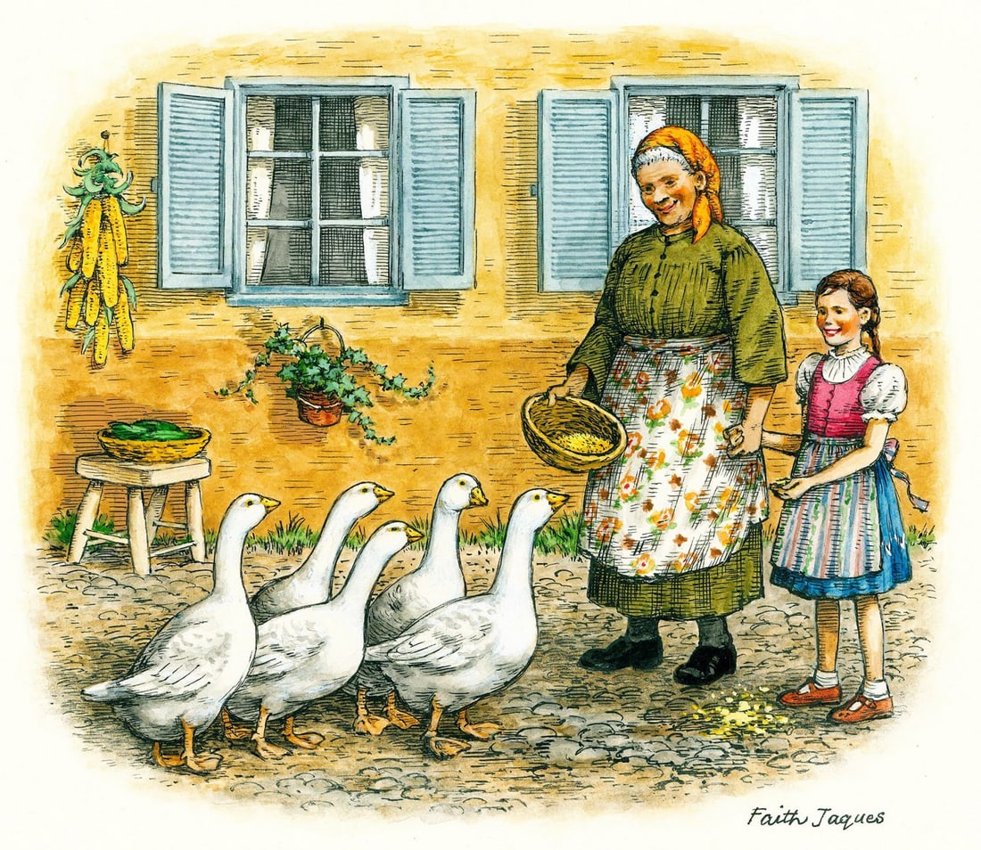 Faith Jaques (UK,1923-1997) watercolor painting: ARTIST: Faith Heather Jaques (United Kingdom, 1923 - 1997) TITLE: Child and Grandmother Feeding Geese, Austria YEAR: 1979 MEDIUM: watercolor on board CONDITION: