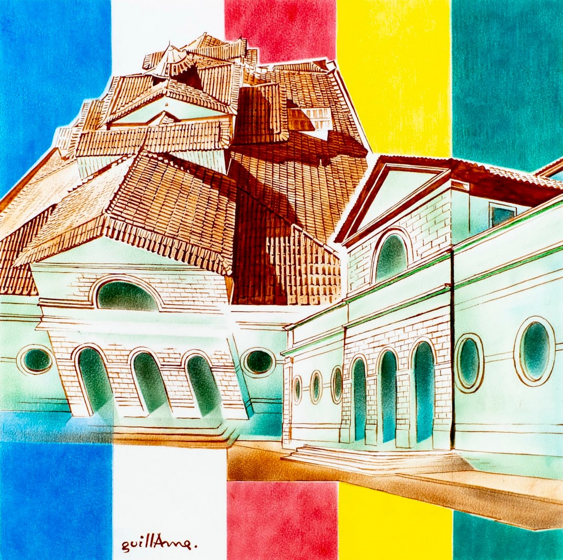 Cecile Guillame (France,1933-2004) colored pencil painting: ARTIST: Cecile Guillame (French, 1933 - 2004) TITLE: Maison France - Bresil (titled on verso) YEAR: 1990 MEDIUM: colored pencil on paper. Paper applied to board.