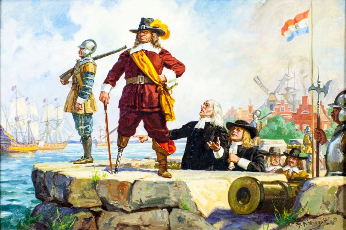 Henry Hintermeister (NY,1897-1970) oil painting: ARTIST: Henry Hintermeister (New York, 1897 - 1970) TITLE: Dutch General Peter Stuyvesant MEDIUM: oil on canvas CONDITION: Small paint losses. No visible inpaint under UV