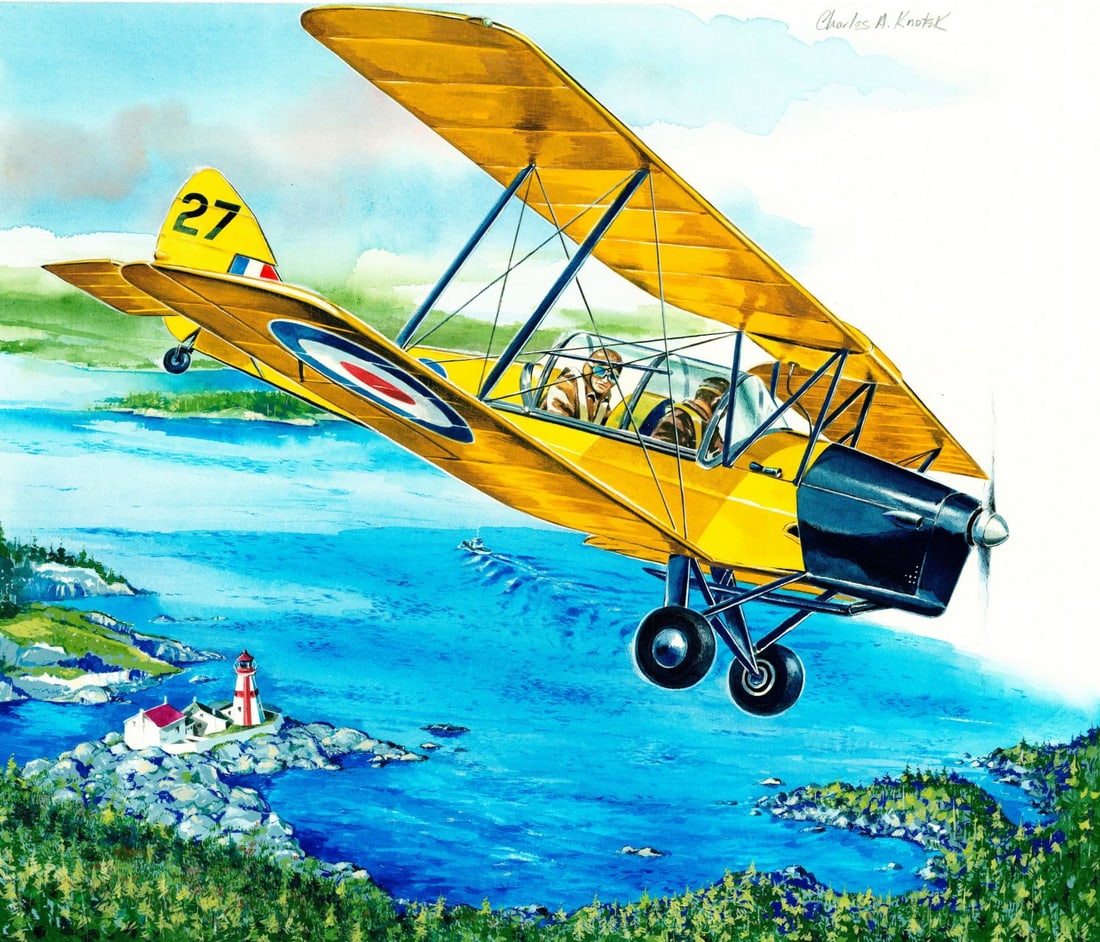 Charles Knotek (US,1933-2008) watercolor painting: ARTIST: Charles Knotek (American, 1933 - 2008) TITLE: Plane - Wings of Man II, Military Aircraft U7, Tiger Moth (titled on verso) YEAR: 1982 MEDIUM: watercolor on board