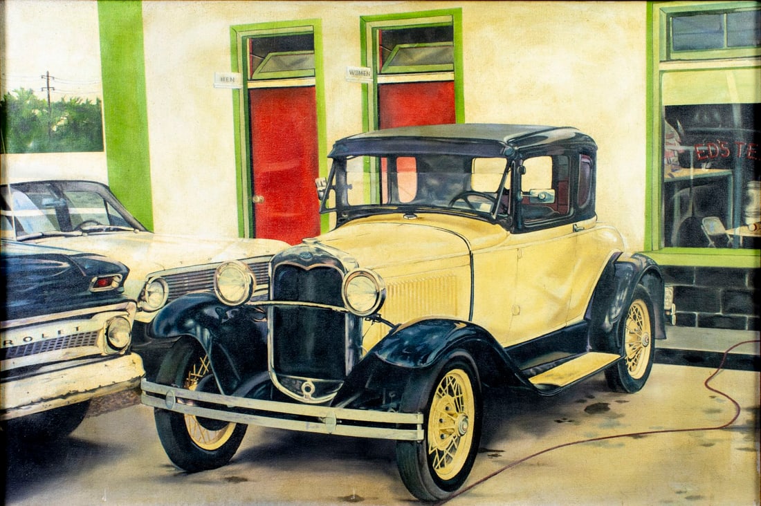 Vintage 20C American oil painting: ARTIST: - (American, 20 century) TITLE: Ford Model A Car MEDIUM: oil on canvas CONDITION: Few small scratches/paint losses. No visible inpaint under UV light. Wear to frame.