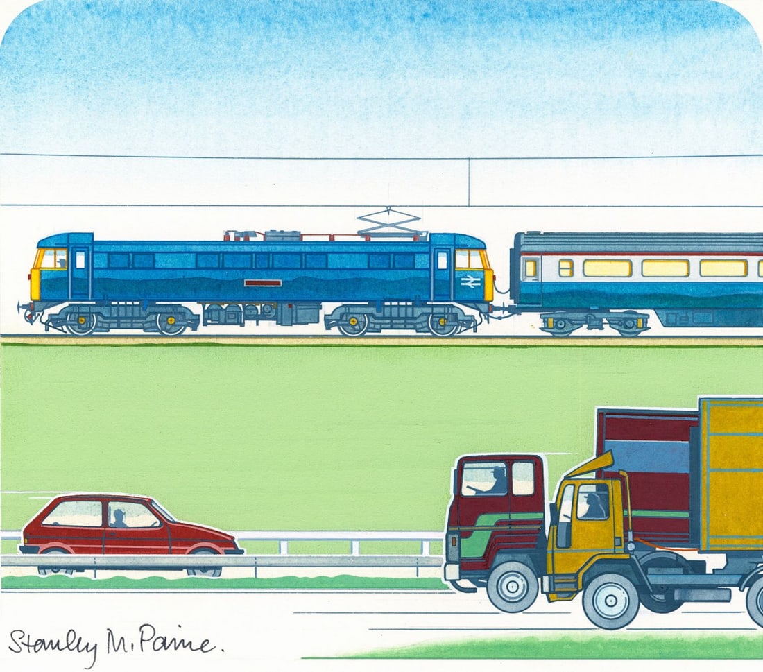 Stanley Paine (UK,1934-?) gouache painting: ARTIST: Stanley M Paine (United Kingdom, 1934 - ???) TITLE: Royal Scot Train (titled on verso) YEAR: 1984 MEDIUM: gouache on board CONDITION: Minor age