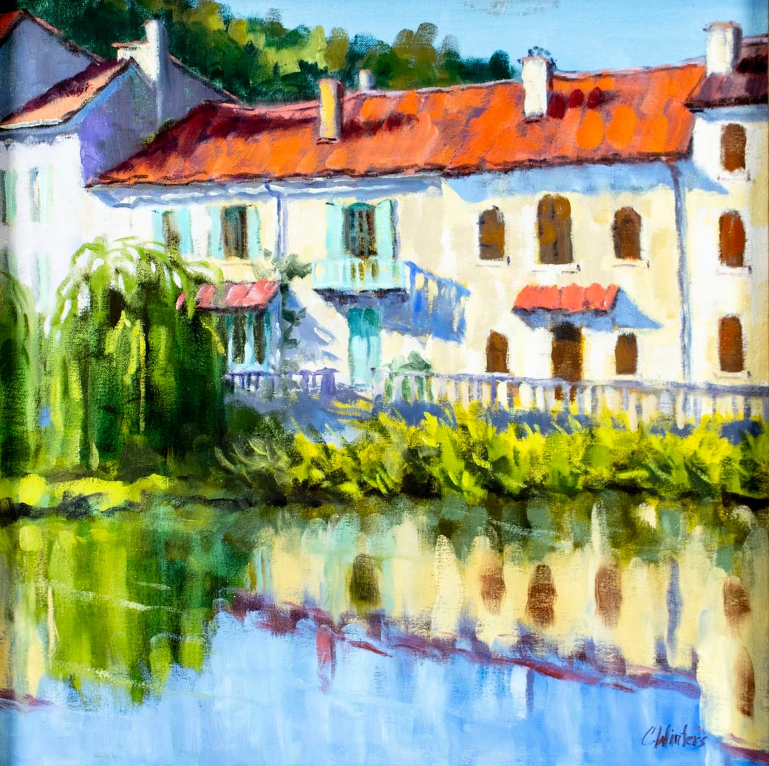 Connie Winters (NC,20/21C) oil painting: ARTIST: Connie Winters (North Carolina, 20/21 centuries) TITLE: Cityscape - Red Roofed Hotel (titled on stretcher) MEDIUM: oil on canvas CONDITION: Overall good. No visible