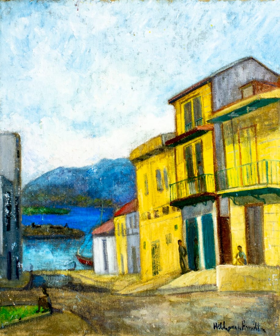 Hildegarde Hamilton (FL,VA,1898-1970) oil painting: ARTIST: Hildegarde Hume Hamilton (Florida, Virginia, 1898 - 1970) TITLE: Coastal Cityscape MEDIUM: oil on canvas CONDITION: Unstretched (In-House stretching available). So