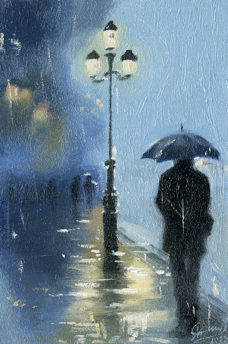 Anna Kozachuk (Ukraine,b 2002) oil painting: ARTIST: Anna Vladimirovna Kozachuk (Ukraine, born 2002) TITLE: Rainy Evening Cityscape MEDIUM: oil on board CONDITION: Very good. No visible inpaint under UV light.