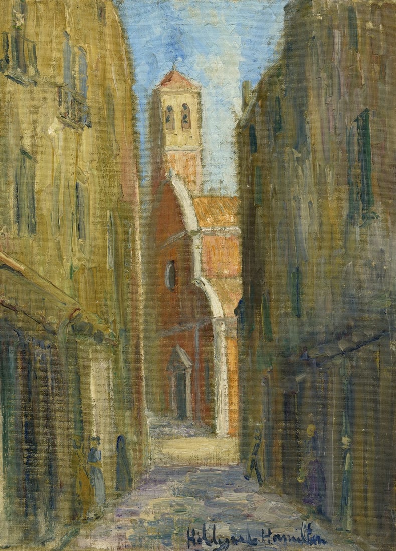 Hildegarde Hamilton (FL,VA,1898-1970) oil painting: ARTIST: Hildegarde Hume Hamilton (Florida, Virginia, 1898 - 1970) TITLE: Cityscape MEDIUM: oil on canvas CONDITION: Unstretched (In-House stretching available) (In-House