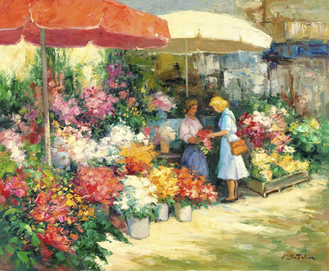 P Betrin (Europe,20C) oil painting: ARTIST: P Betrin (European, 20 century) TITLE: Flower Market Scene MEDIUM: oil on canvas CONDITION: Unstretched (In-House stretching available) (In-House stretching availabl