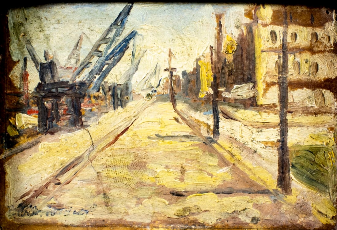 Antique early 20C European oil painting signed: ARTIST: - (Europe, early 20 century) TITLE: Industrial Harbor Scene MEDIUM: oil on board CONDITION: One surface crack. Few minor paint losses. No visible inpaint under UV li
