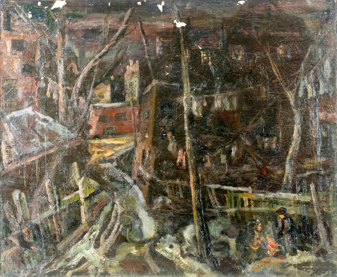 Antique early 20C American WPA oil painting signed: ARTIST: - (American, early 20 century) TITLE: Evening Cityscape MEDIUM: oil on canvas CONDITION: Relined. Some flaking/paint losses mostly along upper edge. Some craquelur